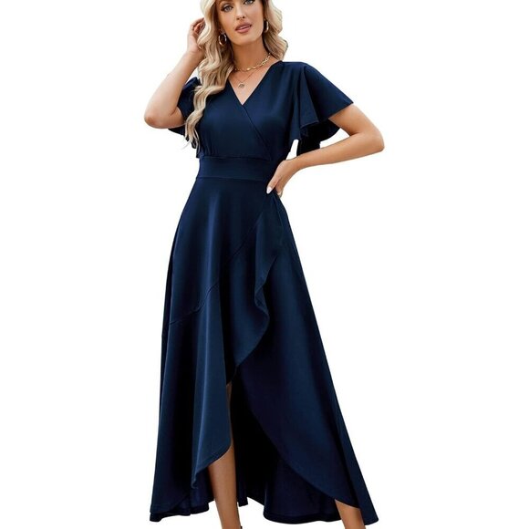 Long Formal Dresses for Women Navy blue V Neck Wrap Ruffle Dress - Picture 1 of 6